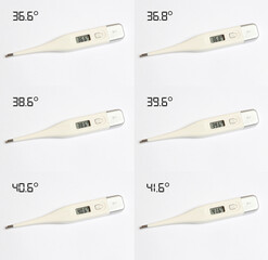 Set of electronic thermometers with different temperatures on a white background