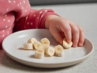 Close-up of a baby grabbing a piece of sliced banana from a speckled ceramic plate. Soft lighting and warm tones create a cozy, natural fee