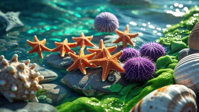 A vibrant underwater scene featuring starfish, sea urchins, and seashells on a bed of rocks and seaweed. The starfish are bright orange and the sea urchins are purple.