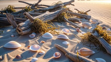 Seashells and driftwood scattered on a sandy beach at sunset. The warm light casts shadows on the sand, creating a serene and peaceful atmosphere.