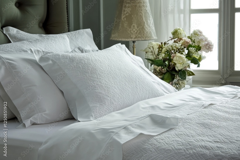 Poster a close-up view of a bed with crisp white sheets and plush pillows