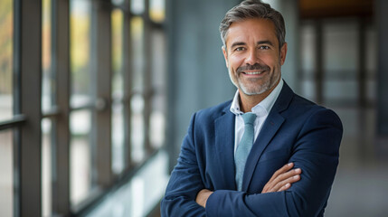 A confident businessman in his late forties, with short hair and facial stubble, stands smiling with his arms crossed against the backdrop of an office window.