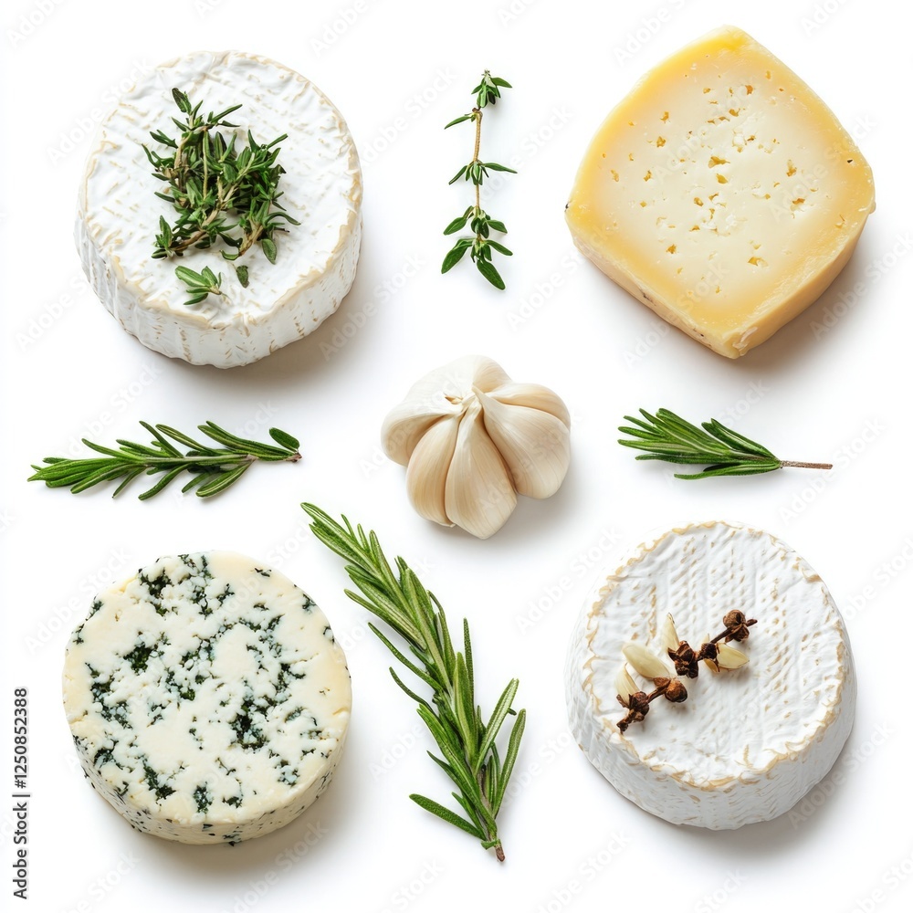 Poster a selection of various cheeses and herbs arranged on a white surface