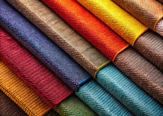 Close-up fabric textures, rule of thirds composition, showcasing rich detail and subtle patterns.