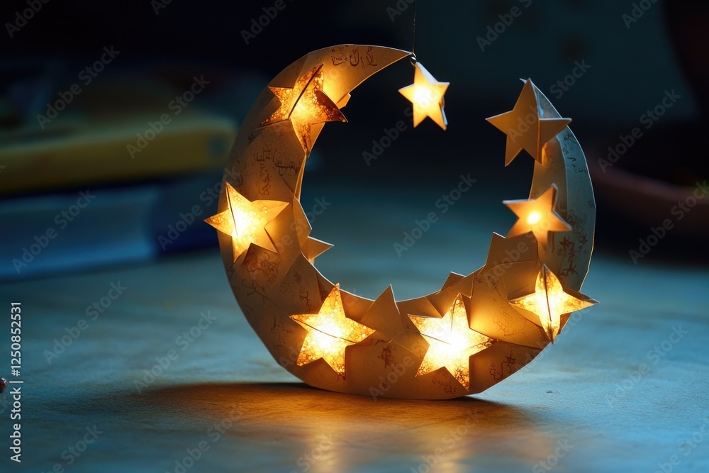 Poster a glowing crescent moon is displayed on a table, accompanied by twinkling stars