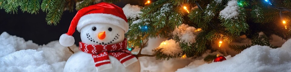 Fototapeta premium A cheerful winter scene featuring a snowman dressed as Santa Claus