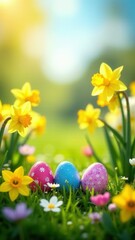 Fototapeta premium Easter decorated eggs and flowers on a background of green grass