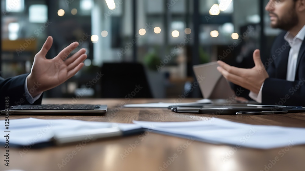 Poster business meeting discussion with hands gesturing on a table in modern office : generative ai