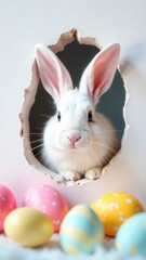Obraz premium White Easter bunny peeking out of a hole, painted eggs on a soft pink and blue background