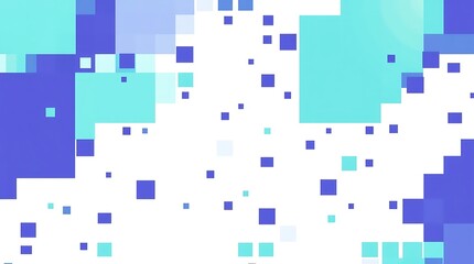 Abstract Pixelated Background: A mesmerizing digital art piece featuring a dynamic and playful interplay of blue and turquoise squares against a white background.