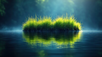 Serene sunrise, grassy islet, still water, misty forest