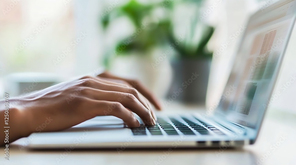 Poster closeup of hands typing on a laptop keyboard with lush green plants in background : generative ai