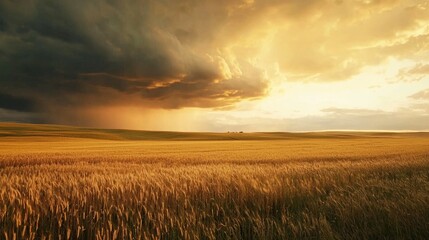 Dramatic Sunset Over Golden Wheat Field With Dark Clouds Above