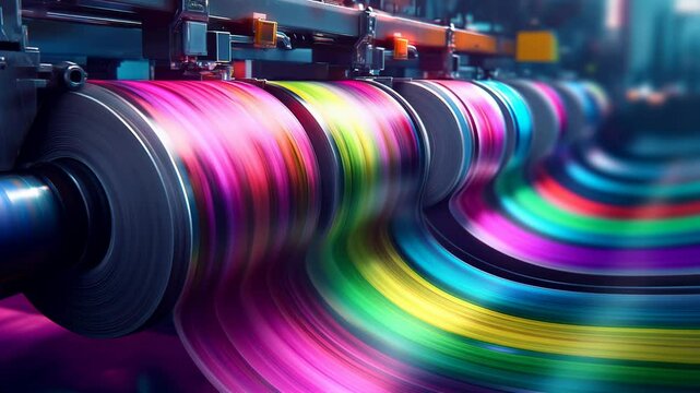 Colorful paper rolls being printed on a large-format printer, with a motion blur effect. A large banner for advertising and print design concepts. Close-up of a big poster printing machine 
