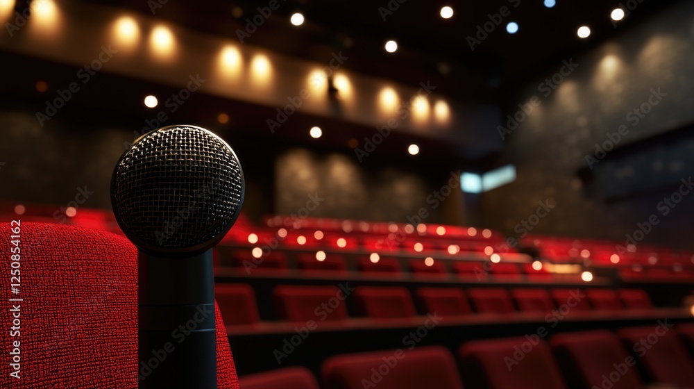 Poster a single microphone sitting on top of a bright red chair, suitable for use as a prop or in a still l