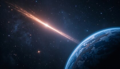 Celestial event shows bright comet streaking towards Earth from deep space at night. Generative AI