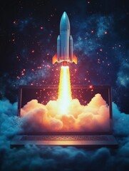 Fototapeta premium Space rocket launch from laptop screen as startup and marketing futuristic promotion icon. Generative AI.