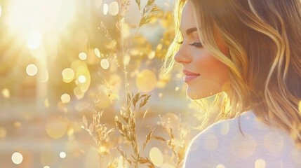 Fototapeta premium Woman in Golden Sunlight, Autumn Bokeh