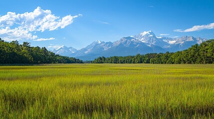 Fototapeta premium Lush Green Field with Majestic Mountains in the Background