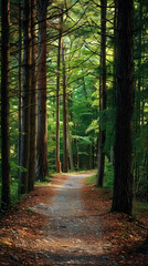 Obraz premium Tranquil Pathways: A Peaceful Walk Through Serene Forest Trails Touched by Gentle Sunlight