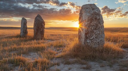 Majestic Sunset Overstanding Ancient Stone Monoliths in Field