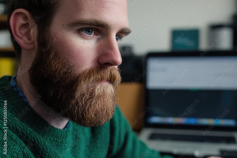 Poster a person sits in front of a laptop computer, focused on their work