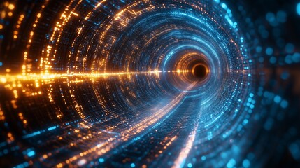 A visually stunning representation of a digital data tunnel, illuminated with glowing blue and orange lights