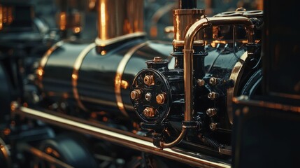 Close-Up View of Vintage Steam Engine with Glinting Brass Components