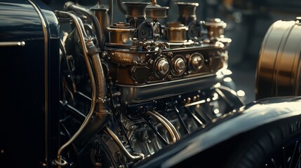 Vintage Car Engine Close-Up with Intricate Mechanical Details