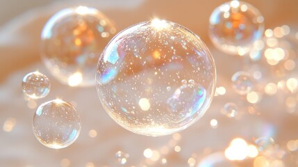Sparkling bubbles floating, soft light background, cosmetic ad