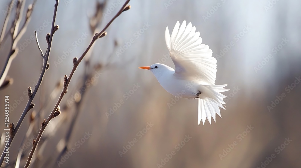 Poster Elegant White Bird in Flight with Delicate Feathers Against a Soft Natural Background : Generative AI