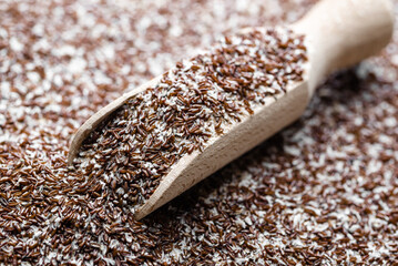 Food background. Fiber of seeds of Psyllium plantain and plantago ovata.