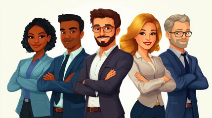 Confident Business Team: A cartoon illustration of a diverse and cheerful business team, arms crossed, standing united and ready for success.