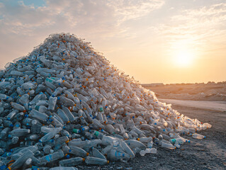 dramatic shot of mountain of squashed plastic bottles at sunset, highlighting environmental issues and waste management challenges