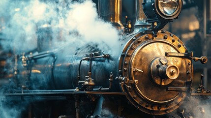Fototapeta premium Vintage Steam Engine with Beautiful Brass Details and Billowing Smoke