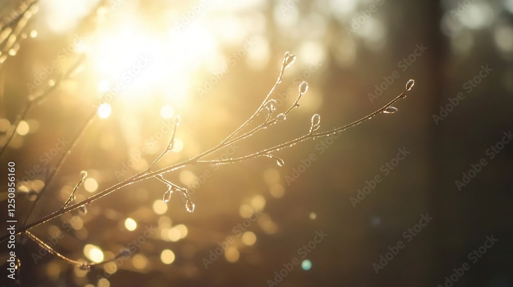 Aufkleber golden sunlight shining through tree branches with buds in spring : generative ai