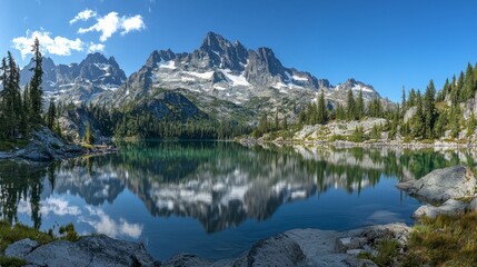 Serene Landscape of Mountains and Lake with Mirror Reflection