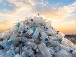 dramatic shot of mountain of squashed plastic water bottles against sunset sky, highlighting environmental impact of waste and pollution