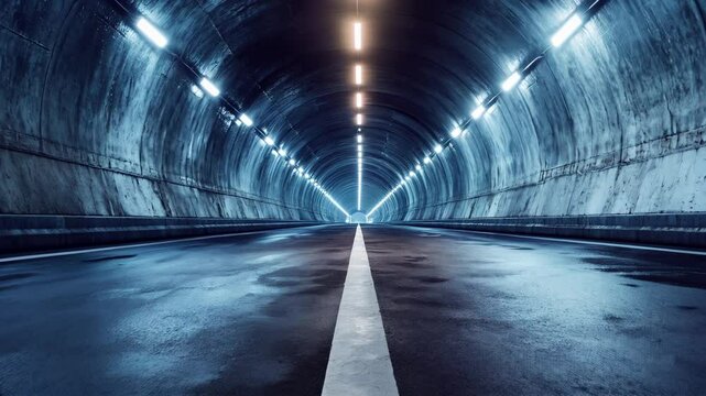 Dark Concrete LED white lights underground tunnel corridor cement asphalt hallway warehouse tunnel corridor metal structure realistic empty 3D rendering