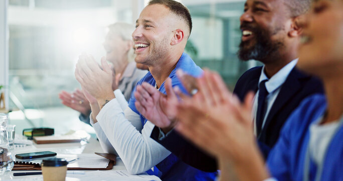 People, applause and doctors in clinic, excited and achievement with breakthrough. Happy group, clapping and employees in meeting, funding for cancer research and workshop with goals and celebration