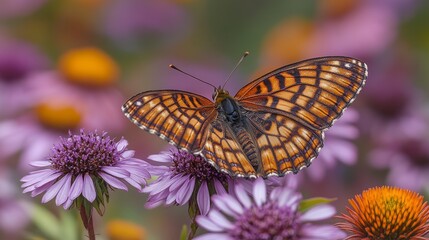 Naklejka premium Orange butterfly on purple flowers, garden background, nature photography