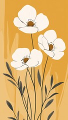 White poppies, mustard background, floral art, phone wallpaper