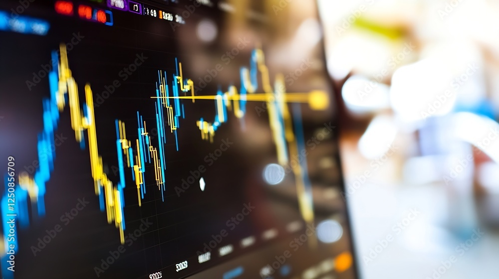 Poster an analytical view of a digital stock market graph displaying financial trends and data fluctuations
