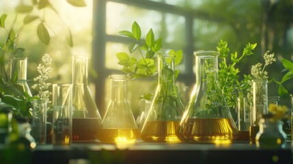 Plants in beakers, lab research.