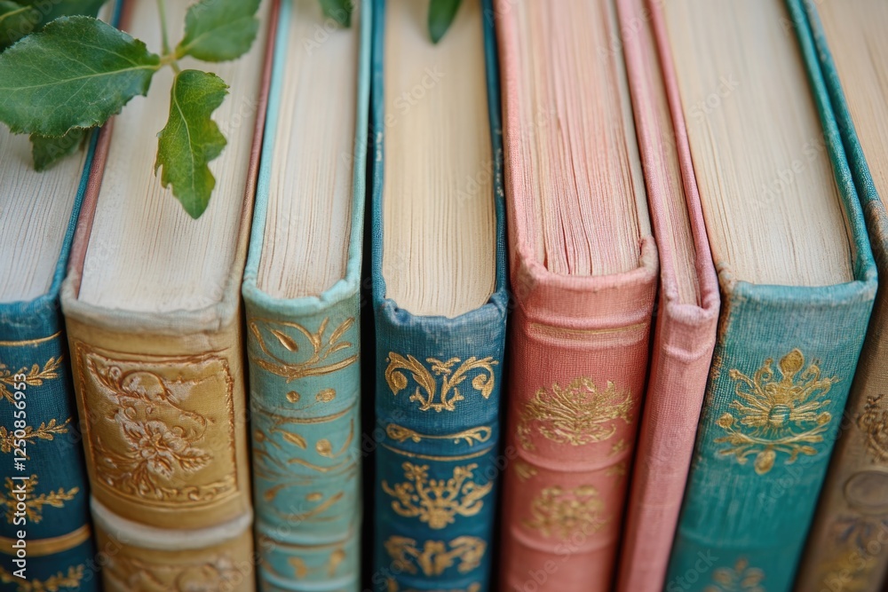 Aufkleber Close-up of multiple books stacked together, ready for reading or display