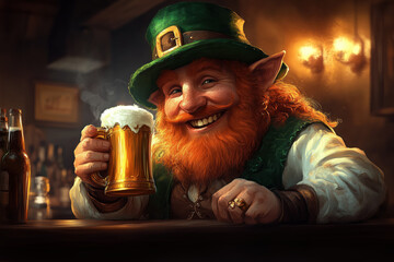 A cheerful leprechaun in a pub holding a golden beer mug.