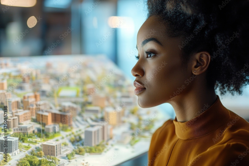 Poster a person studying a scale model of a city, possibly for urban development or architecture purposes