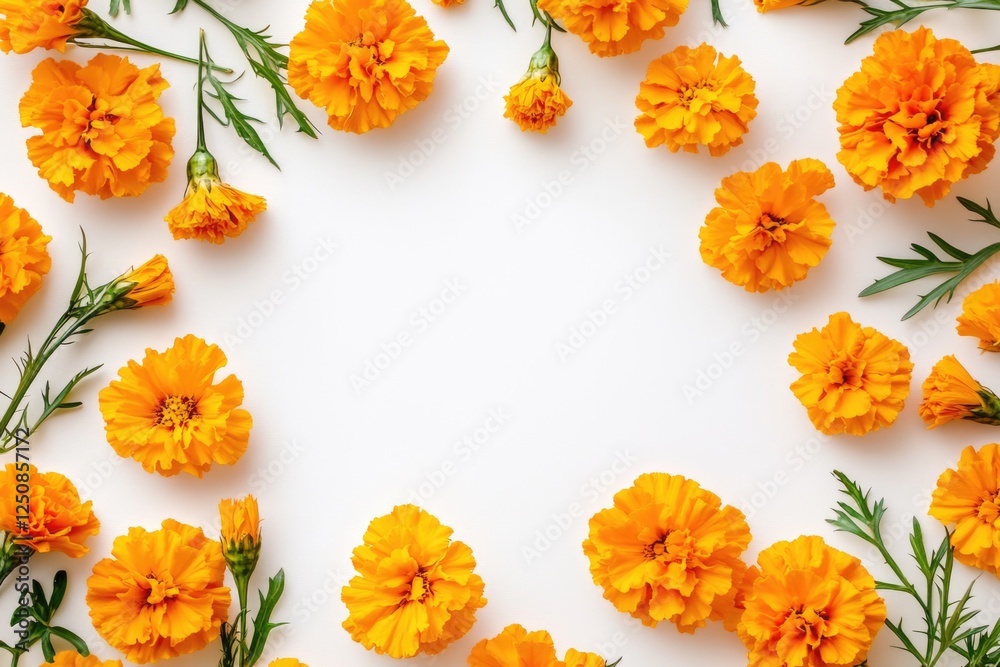 Poster a bouquet of bright orange flowers arranged in a circular shape on a white background