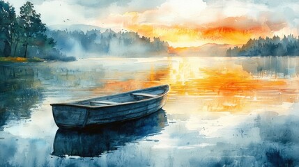 Tranquil sunset reflections serene lake watercolor artwork nature eye-level peaceful serenity