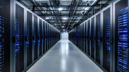 A long hallway lined with rows of black servers.